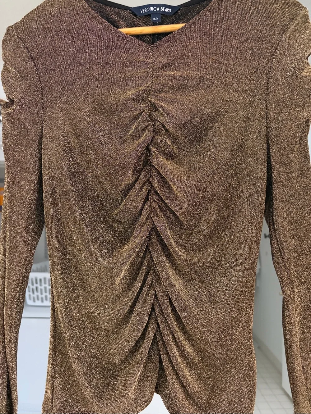 Veronica Beard Metallic Bronze Ruched V-Neck Long-Sleeve Top - Picture 3 of 4